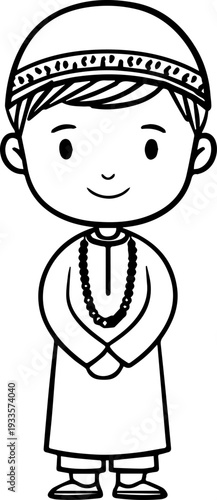 Smiling boy wearing traditional Muslim cap and kurta Black and white vector illustration
