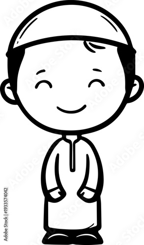 Smiling boy wearing traditional Muslim cap and kurta Black and white vector illustration
