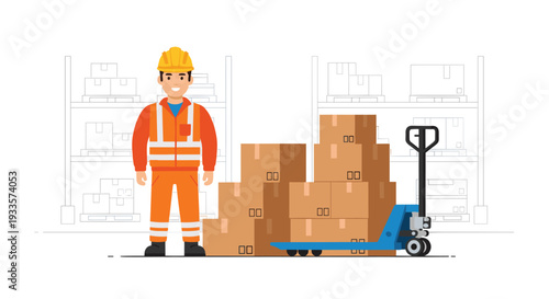 A smiling male warehouse worker in an orange uniform stands next to stacked brown cardboard boxes and a blue pallet jack.