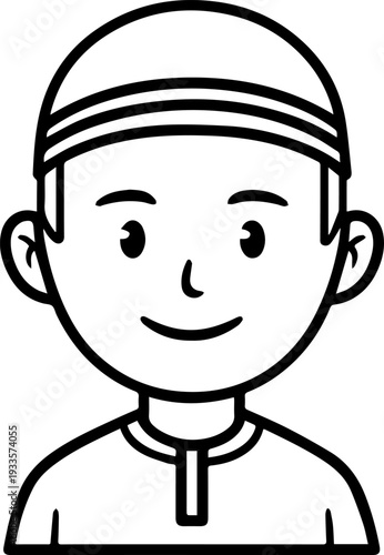Smiling boy wearing traditional Muslim cap and kurta Black and white vector illustration
