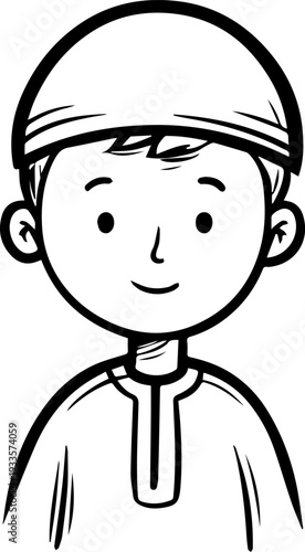 Smiling boy wearing traditional Muslim cap and kurta Black and white vector illustration
