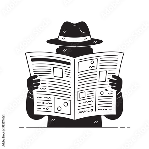 Black and white vector line art illustration of a mysterious spy in a hat hiding behind an open newspaper reading secret traveler
