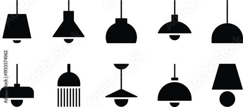 Pendant lamp silhouette set, hanging ceiling light fixtures collection, modern interior lighting icons, black vector illustration