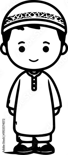Smiling boy wearing traditional Muslim cap and kurta Black and white vector illustration
