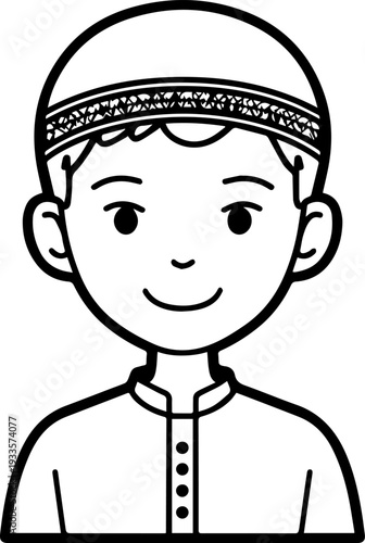Smiling boy wearing traditional Muslim cap and kurta Black and white vector illustration
