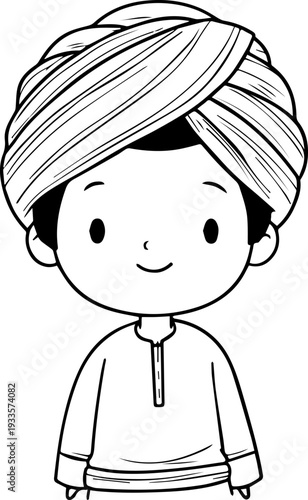 Smiling boy wearing traditional Muslim cap and kurta Black and white vector illustration
