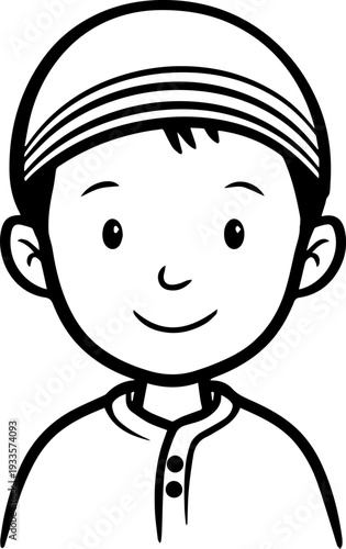 Smiling boy wearing traditional Muslim cap and kurta Black and white vector illustration
