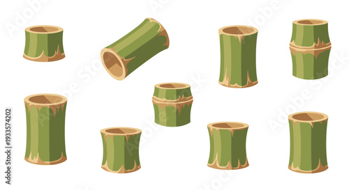 Nine short, cut bamboo segments of varying sizes and orientations are scattered across a plain white background.