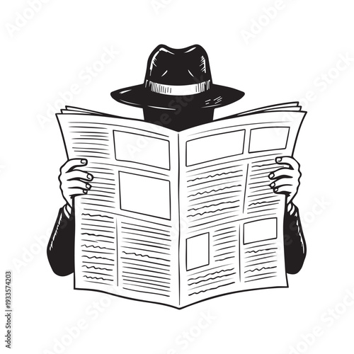 Black and white vector line art illustration of a mysterious spy in a hat hiding behind an open newspaper reading secret traveler
