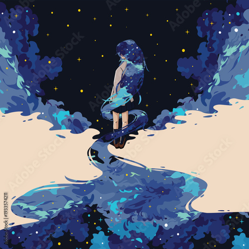 A silhouette of a girl on the beach under a blue night sky with a moon and stars in a fantasy cartoon illustration style