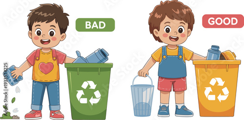 Bad vs good recycling behavior illustration, children sorting plastic waste correctly, environmental education concept, cartoon vector design