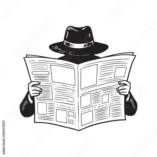 Black and white vector line art illustration of a mysterious spy in a hat hiding behind an open newspaper reading secret traveler
