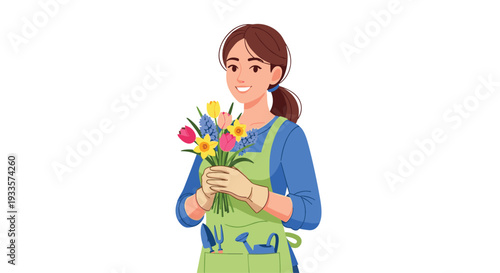 A smiling female gardener in an apron and gloves holds a colorful bouquet of tulips, daffodils, and hyacinths.