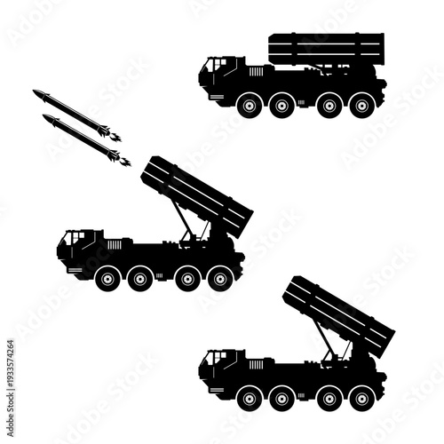 Military Mobile Rocket Launcher Truck Carrying Ballistic Missile Battery Icon Silhouette Illustration Vector
