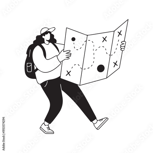 Black and white vector line art illustration of a traveler with a backpack holding and reading a large folding map
