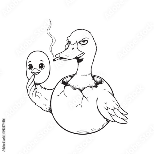 Funny black and white cartoon illustration of an adult duck smoking a cigarette holding a cute baby duck mask wearing an eggshell costume 2.eps