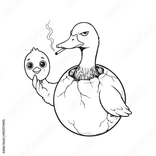 Funny black and white cartoon illustration of an adult duck smoking a cigarette holding a cute baby duck mask wearing an eggshell costume 2.eps