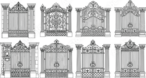 Set of Ornate Wrought Iron Gate Illustrations Featuring Elegant Victorian Designs, Classical Columns, and Decorative Metal Archways for Architectural Vector Graphics
