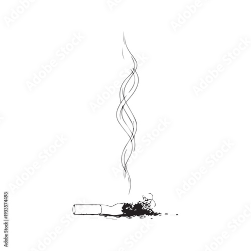 Minimalist continuous line drawing of a crushed smoking cigarette butt vector illustration.

