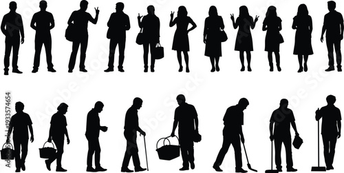 Set of People Silhouettes Including Casual Pedestrians, Travelers, Senior Citizens, and Workers Cleaning or Carrying Baskets, Versatile Human Figures Vector Collection
