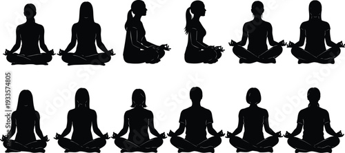 Set of Professional Yoga and Meditation Silhouettes Featuring Men and Women in Lotus Pose for Wellness, Mindfulness, Mental Health, and Zen