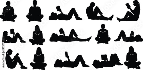 Set of Reading Silhouettes Featuring Men and Women in Various Poses, Sitting, Laying Down, and Holding Books for Education and Leisure
