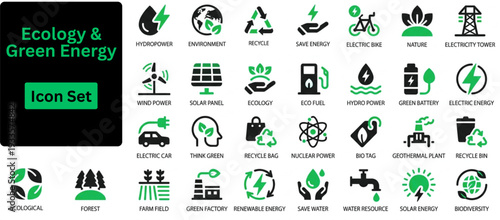 Silhouette vector of Ecology and Green Energy icon set. Green energy solid icon set featuring renewable solar wind power, ecology sustainability nature, recycling eco environment. 