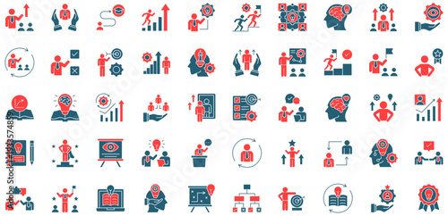 Learn and Lead dual tone style icon collection. Vector illustrations. Leadership Training, Learning Path, Growth Mindset, Knowledge Sharing. Pro Vector
