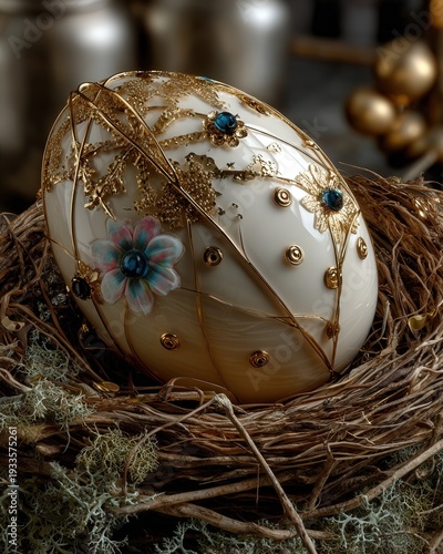 Macro close up of decorated easter egg with gold filigree and pastel flowers in real birds nest on fresh moss in spring garden light.