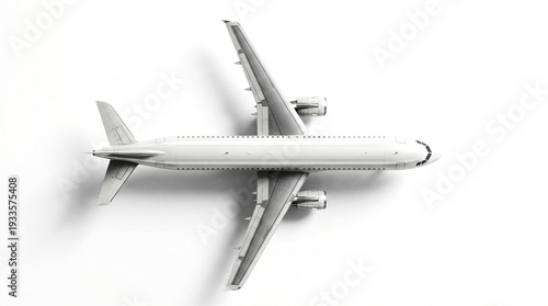 Commercial Airplane Top View Isolated on White Background Minimal Aviation Concept