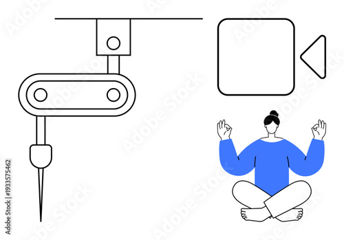Healthcare innovation, robotics, mindful living, AI-driven care, meditation techniques, wellness trends. Robotic arm alongside a person meditating and a video symbol. Healthcare innovation