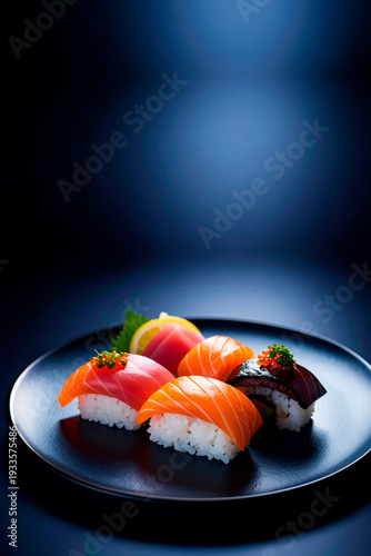 Nigiri sushi on a plate, background.