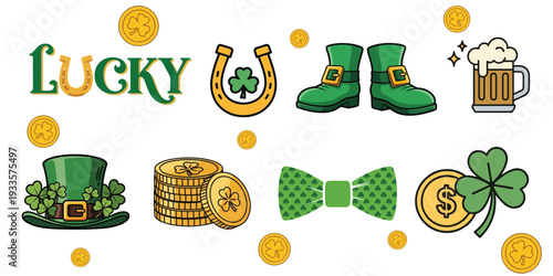 St. Patrick’s Day Lucky Icons Set with Leprechaun Hat Shoes Coins Beer and Shamrock Vector Illustration