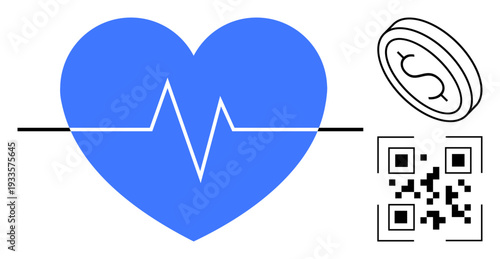 Digital healthcare, fintech, health tracking, online payments, mobile apps, cryptocurrency. Blue heart with heartbeat line, coin QR code. Digital healthcare and fintech integration concept
