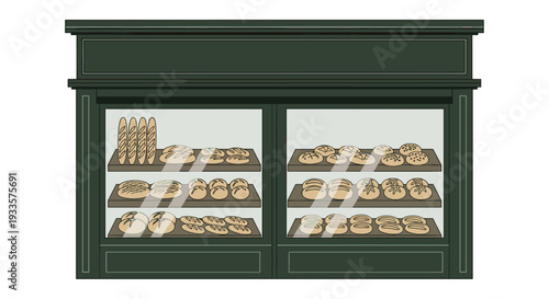 A dark green bakery display case with a prominent sign showcases various breads and pastries through two large glass sections.