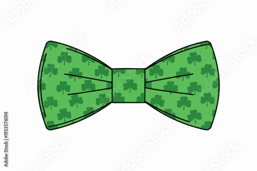 St. Patrick’s Day Green Bow Tie with Shamrock Clover Pattern Vector Illustration Isolated on White