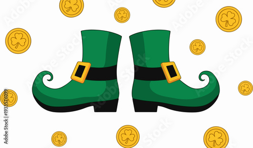 St. Patrick’s Day Leprechaun Shoes with Gold Shamrock Coins Vector Illustration on White Background