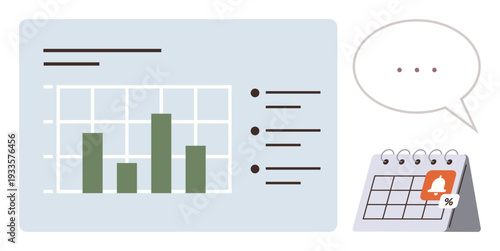 Data analysis, project planning, scheduling, business communication, productivity tools, financial tracking. Bar chart, calendar with alert and speech bubble elements. Data analysis and project