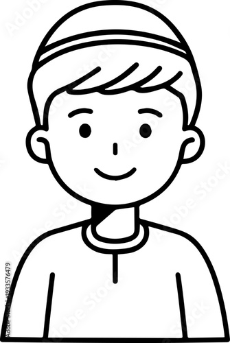 Smiling boy wearing traditional Muslim cap and kurta Black and white vector illustration
