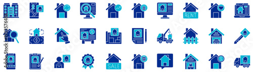 Property Market dual tone style icon collection. Vector illustrations. Building, Real estate, Relocation, Research, Increase, Alarm, Real estate, Rental, House. Pro Vector