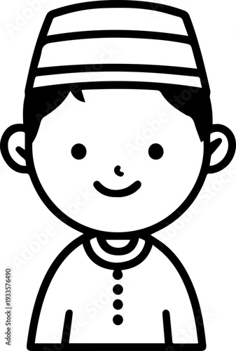 Smiling boy wearing traditional Muslim cap and kurta Black and white vector illustration
