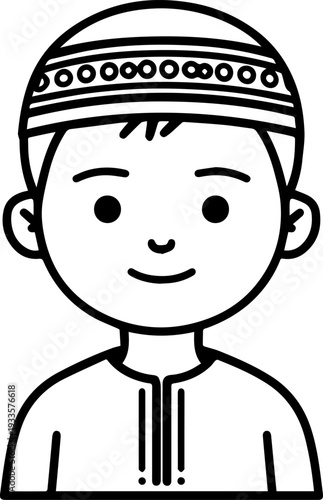 Smiling boy wearing traditional Muslim cap and kurta Black and white vector illustration
