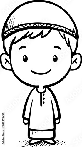 Smiling boy wearing traditional Muslim cap and kurta Black and white vector illustration

