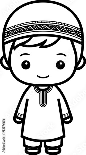 Smiling boy wearing traditional Muslim cap and kurta Black and white vector illustration
