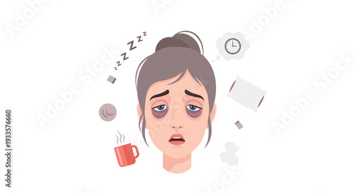 An illustrated tired woman's face with dark circles and a slightly open mouth is surrounded by floating sleep and coffee elements on a white background.