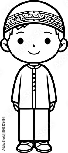 Smiling boy wearing traditional Muslim cap and kurta Black and white vector illustration
