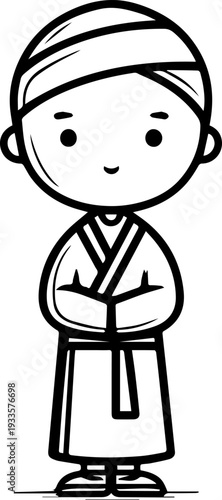 Smiling boy wearing traditional Muslim cap and kurta Black and white vector illustration
