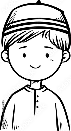 Smiling boy wearing traditional Muslim cap and kurta Black and white vector illustration
