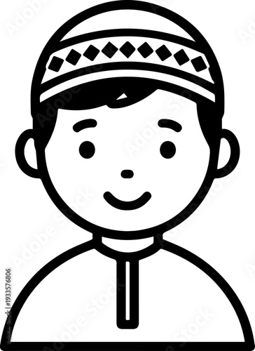Smiling boy wearing traditional Muslim cap and kurta Black and white vector illustration
