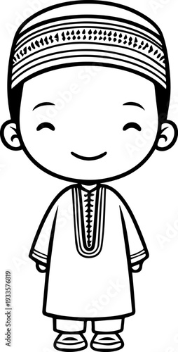 Smiling boy wearing traditional Muslim cap and kurta Black and white vector illustration

